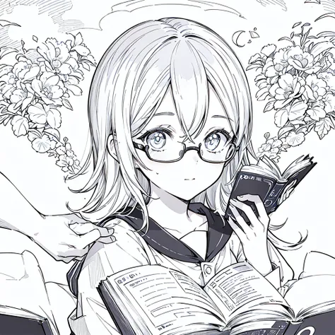 A girl,close up, wearing white shirt, reading a book, (best quality:1.3), (highres:1), (detailed:1.3), (incredible:1.3), (perfect:1.3), (perfection:1.3), (illustration:1.3), shes getting fun while reading it, dynamic on scene,Wear glasses