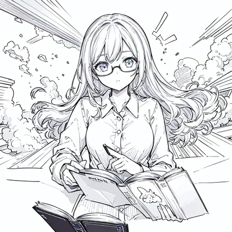 A girl,close up, wearing white shirt, reading a book, (best quality:1.3), (highres:1), (detailed:1.3), (incredible:1.3), (perfect:1.3), (perfection:1.3), (illustration:1.3), shes getting fun while reading it, dynamic on scene,Wear glasses