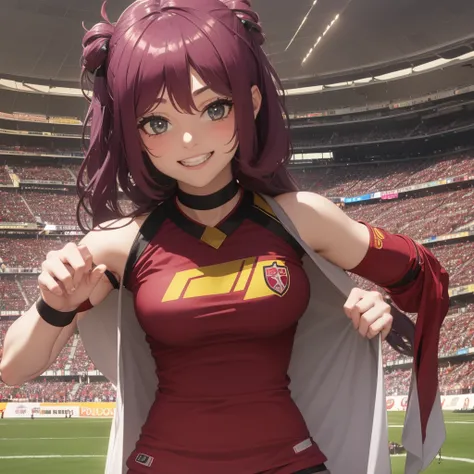 1-Girl dressed as Vinotinto Venezuelan soccer team, sexy, beautiful smile, in the background a football stadium
