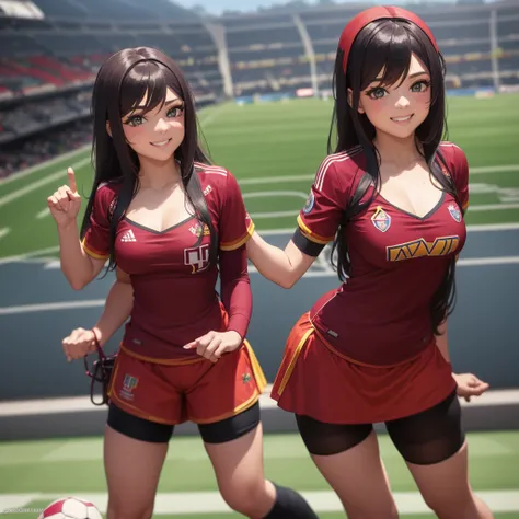 1-Girl dressed as Vinotinto Venezuelan soccer team, sexy, beautiful smile, in the background a football stadium
