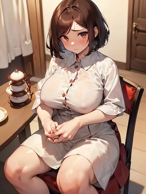 NSFW:1.3、(((Hands touching breasts:1.3))),(((Red long skirt, buttoning her blouse with her hands, opening the front:2.4. An elegant white short-sleeved blouse that shows off a white bra))),(((Apartment room、Sitting in a chair、Anxious expression、Tea on the ...