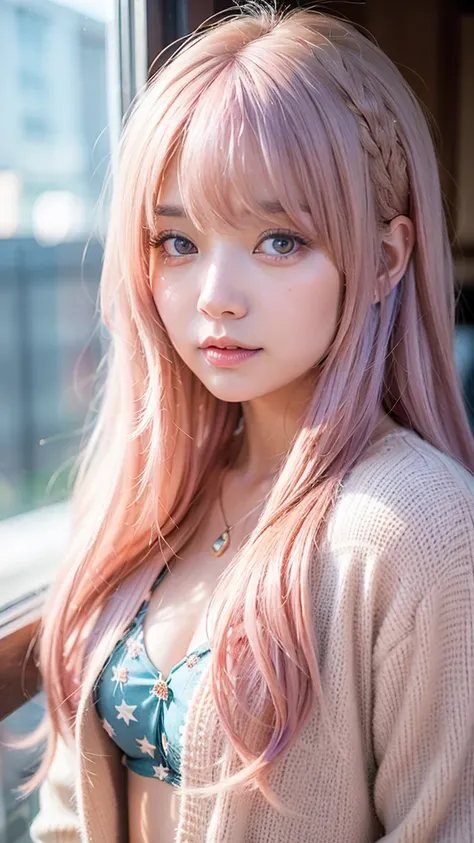 Ai Hoshino, beige pink hair, Blue Hair,Long Hair, favorite , Beautiful, shining eyes, Stars in my eyes, idol, ２By people, One woman、Long pink hair