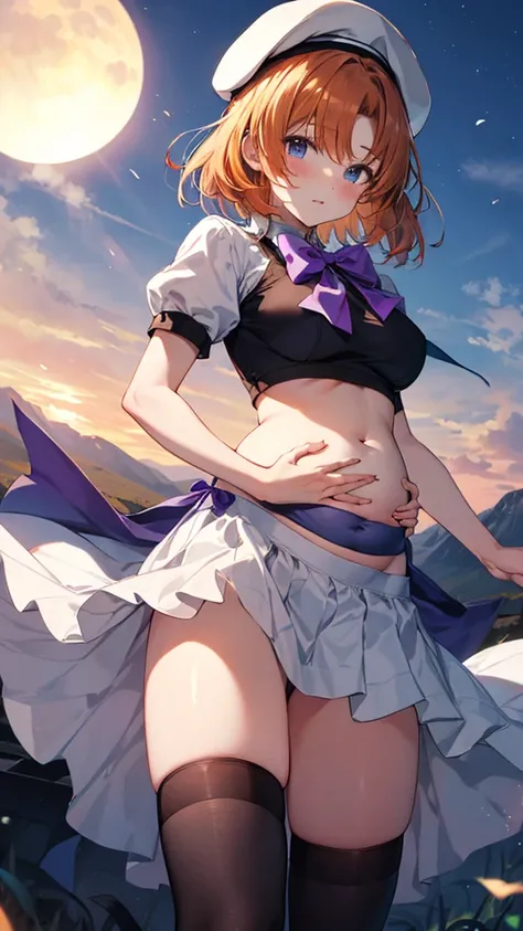 Twilight,Orange sun,Rena Ryuuguu, Orange Hair, short hair, blue eyes,Mountain of bulky trash,Narrow waist,Normal size breasts,
(White Beret), bow, bowtie,(White Dress:1.2),White Skirt,Have, puffy Short sleeve, Puffy sleeves, purple bow, purple bowtie, Shor...