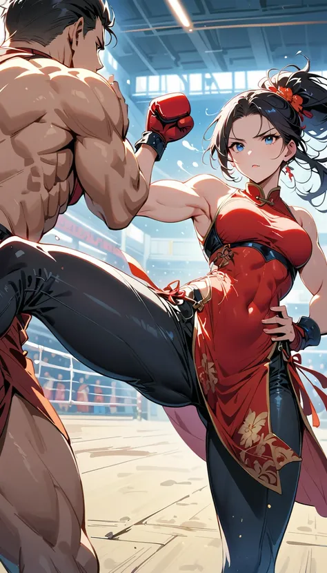 Boxing Match between muscular woman and doing a  very high kick, six pack, no men in background , Chinese dress crop top,  and leggings ,portrait, empty dojo background 