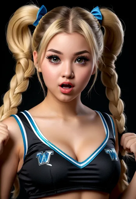 1girl, 20 years old, sexy cheerleader dress, ((twin tails)), braided twin pony tails, cheering position, (full body), hot hourglass body, blonde, bimbo, beautiful detailed eyes, beautiful detailed lips, extremely detailed face and eyes, long eyelashes, rea...