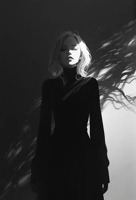 black and white,hell lady,minimalist journey,highres,ultra-detailed,realistic,portrait,monochrome,contrast,bold lines,dark atmos...