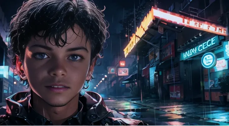 close-up (pov) a mysterious 1boy, man, solo in a dark alley, dramatic lighting, cinematic, moody atmosphere, neon lights, rain, ...