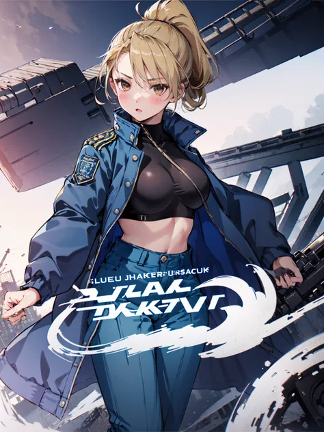 masterpiece, Highest quality, High resolution, One girl, (Blue jacketの下にBlack innerwearを着ている), Folded ponytail, Brown eyes, , uniform, Blue jacket, Blue pants, ,Big Breasts, Black innerwear, blush, (Ready your gun?)
