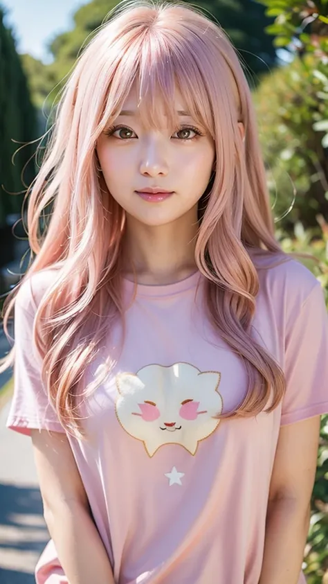 Ai Hoshino, beige pink hair, Long Hair, favorite , Beautiful, shining eyes, Stars in my eyes, idol,One woman、Long pink hair、T-Shirts、Private Server、