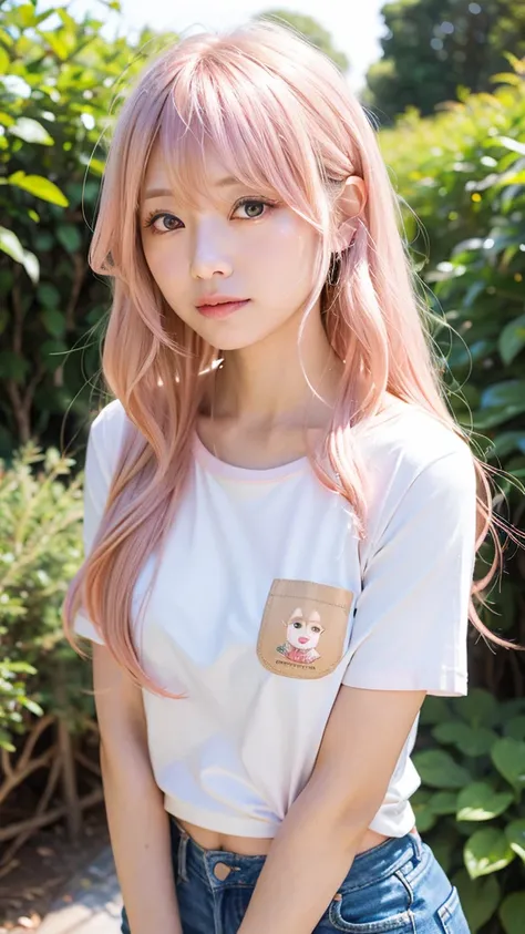 Ai Hoshino, beige pink hair, Long Hair, favorite , Beautiful, shining eyes, Stars in my eyes, idol,One woman、Long pink hair、T-Shirts、Private Server、