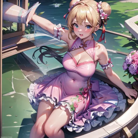 30 years old,1 girl,hyperrealistic, 8k, (extremely detailed 8k), (very delicate and beautiful), (masterpiece), (better quality:1.0), (ultra high resolution:1.0), (masterpiece, best quality), cute,blonde,cleavage cutout,(broen dress:1.3),(crop top navel:1),...