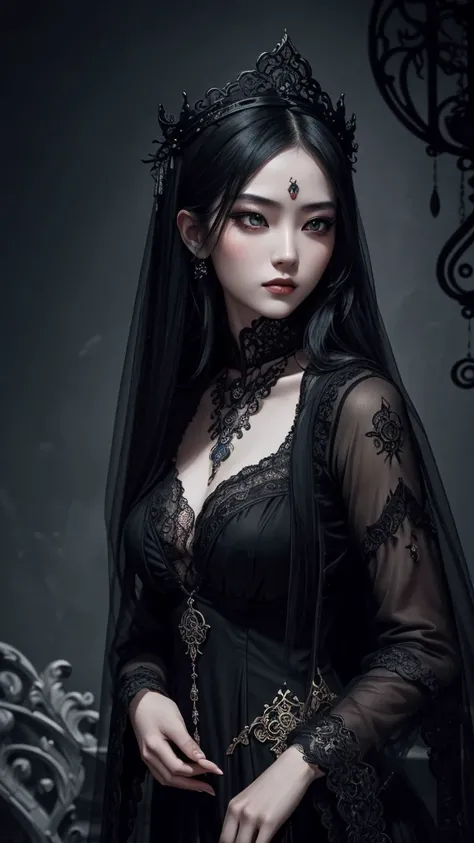 oriental gothic girl,detailed eyes and lips,dark mysterious atmosphere,vibrant colors,romantic moonlit background,flowing black dress,ornate lace details,intricate patterns,exaggerated and dramatic pose,elegant and sensual,smokey makeup,long flowing hair,p...