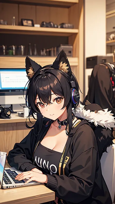 Black and tan Pomeranian with a Shiba Inu cut、In the background, a person is studying on a computer with headphones on in a stylish cafe.,Listening to LoFi music