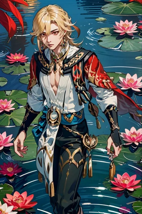 1 adult male solo, blond hair, red eyes, kaveh genshin impact, white top, red and black embroidered details, golden accessories, dark pants, fingerless gloves, feather hair ornament, shiny eyes (​masterpiece),((top-quality)),(offcial art),(Beautiful and in...