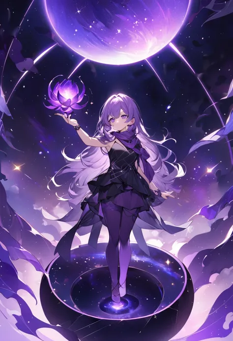 Extra long purple hair，Purple Eyes，The figure is very perfect，The body proportions are also very normal，Adult female aged 23，Wearing black and purple tights，A purple scarf on the wrist，And holding a purple fire lotus in his left hand，The other hand holds a...