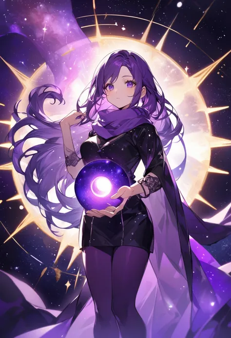 Extra long purple hair，Purple Eyes，The figure is very perfect，The body proportions are also very normal，Adult female aged 23，Wearing black and purple tights，A purple scarf on the wrist，And holding a purple fire lotus in his left hand，The other hand holds a...