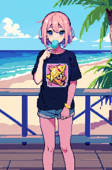 ((pixel art)) ((game)) one girl, wearing shorts and a t-shirt, eating an ice cream cone on the boardwalk, with the ocean in the background