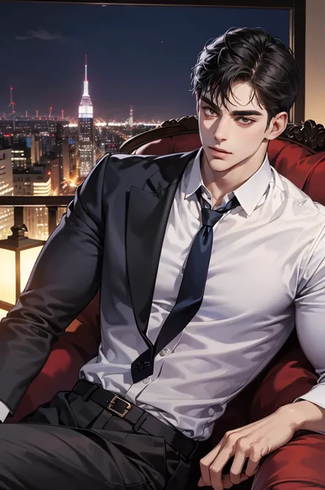 (absurdres, highres, ultra detailed, realistic, ), 1 male, solo, adult, mature, tall muscular guy, ,（sitting on a sofa,cross-legged）, broad shoulders, handsome, very short hair, black hair, brown eyes, angular jaw, thick neck, thick eyebrows, night, dark, ...