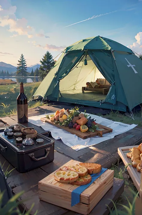 camping，Automatic tent，table，gourmet food，Vision，4K，Park Tent