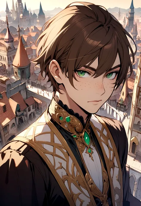 Male, solo, short brown hair, green eyes, freckles, fantasy city background