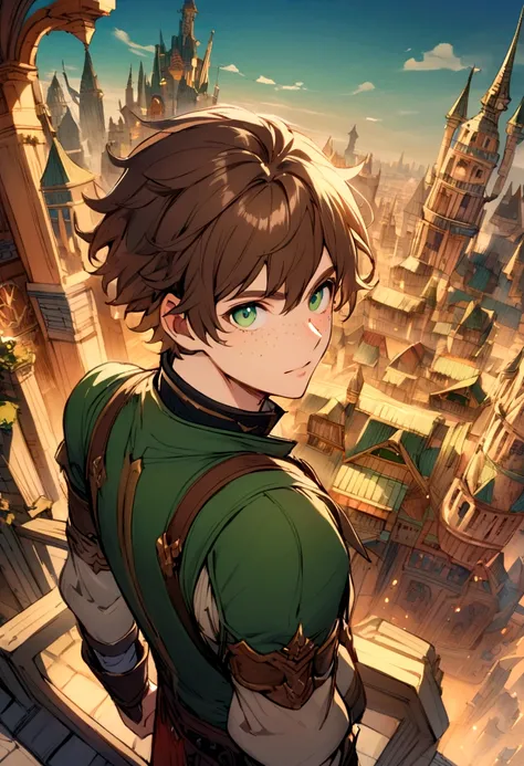 Male, solo, short brown hair, green eyes, freckles, fantasy city background