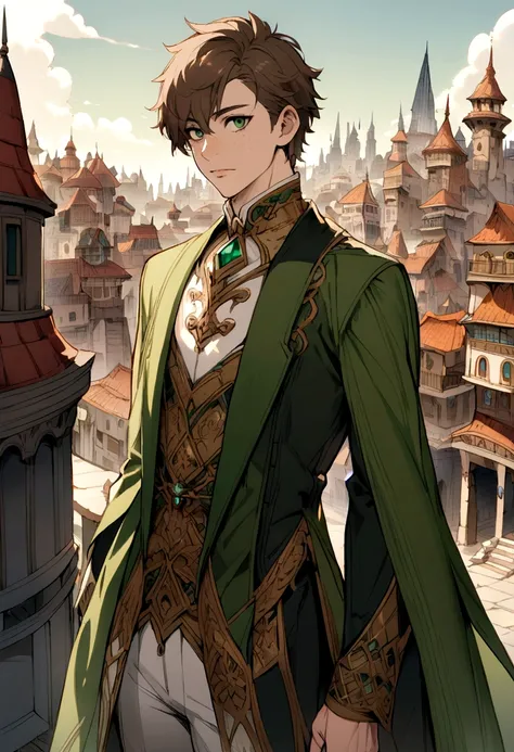 Male, solo, short brown hair, green eyes, freckles, fantasy city background