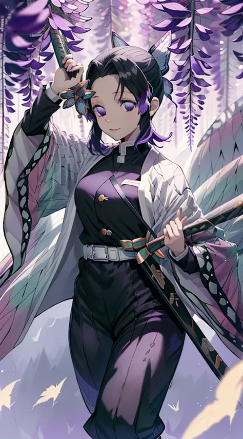 anime girl in a purple and black outfit standing in front of a forest, keqing from genshin impact, zhongli from genshin impact, heise jinyao, ayaka genshin impact, anime moe artstyle, black - haired mage, demon slayer rui fanart, ayaka game genshin impact,...