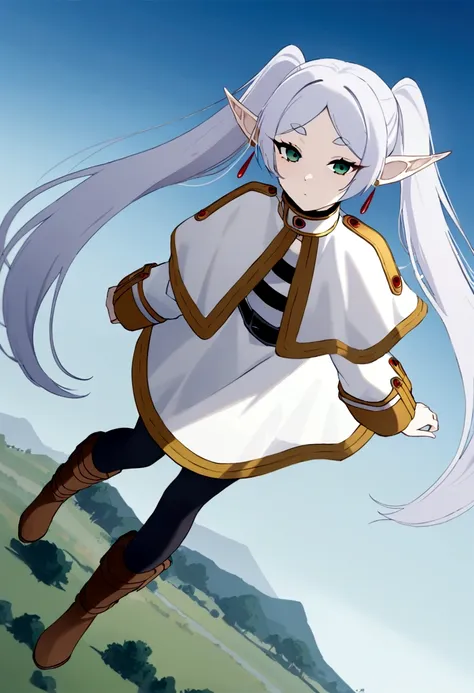 nereirfpnxl, frieren, pointy ears, 1girl, twintails, wizard elf, pale cisle hair collar, black pantyhose, boots, brown footwear,...