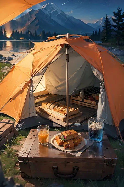 camping，Automatic tent，table，gourmet food，Vision，4K，Park Tent