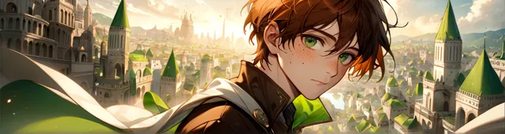 Male, solo, short brown hair, green eyes, freckles, fantasy city background