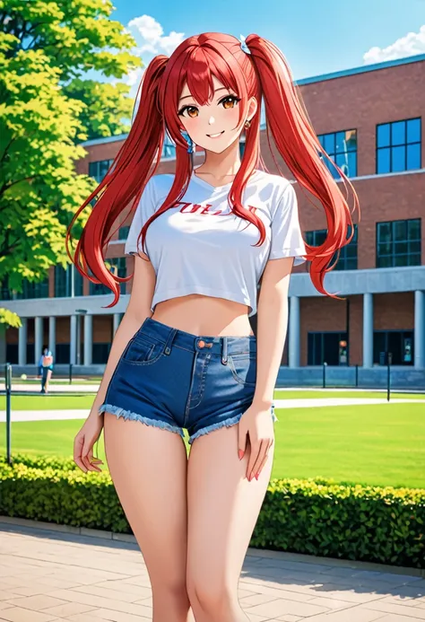 Masterpiece, The best quality, highres, 8k, vivid colors, Photography, anatomically correct, perfect body, A beautiful 25 year old university student, angelic face, a mole on the face, tremendously provocative body, blue jean shorts, twin tails, red hair, ...