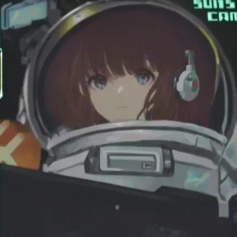 a close up of a person in a space suit with headphones, portrait anime space cadet girl, inspired by Ayami Kojima, gainax anime style, sci-fi anime, space molly, girl in space, close up of lain iwakura, sci fi anime, an retro anime image, nanogirl, screens...