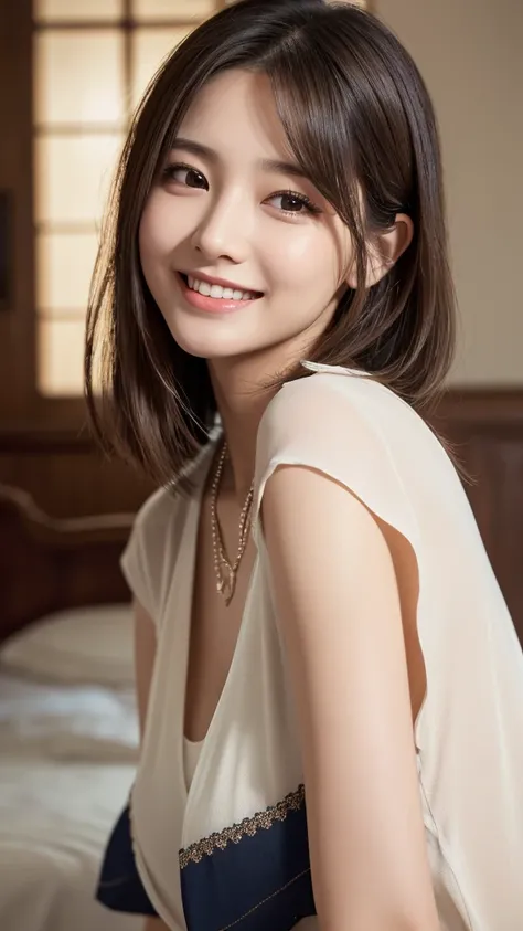 (RAW Photos:1.2)、Highest quality、Precise beauty、Beautiful long hair woman、The most beautiful women in the world、Beautiful and sharp face、21 years old、Also々Himself、Smooth super short hair that looks blonde、Very detailed顔、Cute smiling girl、Happy expression、B...