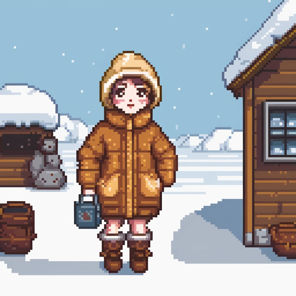 사랑스러운 clothes을 입은 펭귄, illustration, comic book, clothes, funny, big eyes, cute, pixel art, In the Arctic