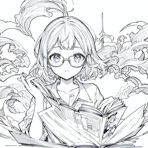 A girl,close up, wearing white shirt, reading a book, (best quality:1.3), (highres:1), (detailed:1.3), (incredible:1.3), (perfect:1.3), (perfection:1.3), (illustration:1.3), shes getting fun while reading it, dynamic on scene,Wear glasses