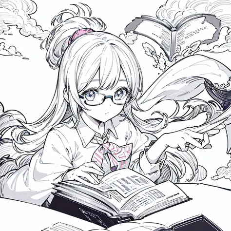 A girl,close up, wearing white shirt, reading a book, (best quality:1.3), (highres:1), (detailed:1.3), (incredible:1.3), (perfect:1.3), (perfection:1.3), (illustration:1.3), shes getting fun while reading it, dynamic on scene,Wear glasses