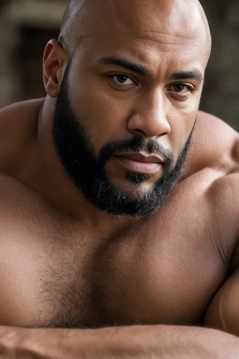 Hyperrealistic Very Detailed Highest Realistic Quality very Realistic 8KUHD very detailed highly photorealistic very realistic highly detailed closeup portrait photo of a Realistic Bald Black African American Sexy Bald Daddy Hairy Bearded Bear Beefy Muscle...