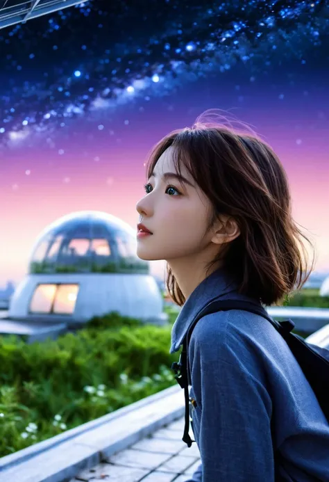 best quality, masterpiece, Extremely detailed, Detailed background, Japanese cartoons, 1 Girl, Young Girls, Short Girl, Science Fiction, Science Fiction小说, outdoor, night, Starry Sky, greenhouse, Megastructures, Bio Dome, landscape, wind景, horizon, roof, s...