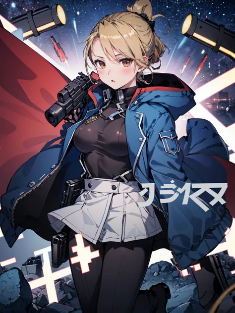 masterpiece, Highest quality, High resolution, One girl, (Blue jacketの下にBlack innerwearを着ている), Folded ponytail, Brown eyes, , uniform, Blue jacket, Blue pants, ,Big Breasts, Black innerwear, (屈んでReady your gun?), blush, (Ready your gun?)
