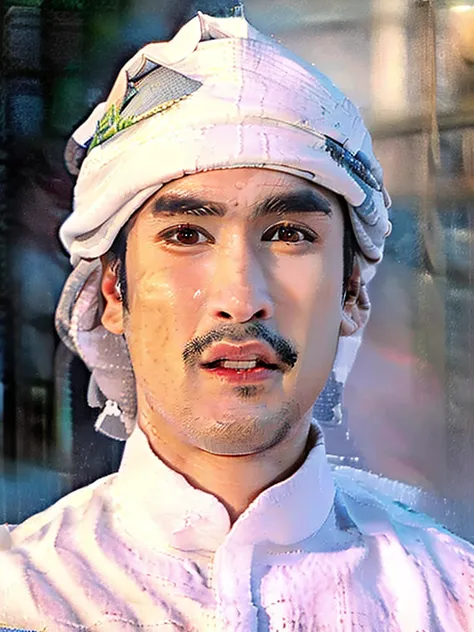 a young asian man, nadech kugimiya face, clear face, off-white traditional arabian thawb robe, white cloak, off-white shemagh tu...