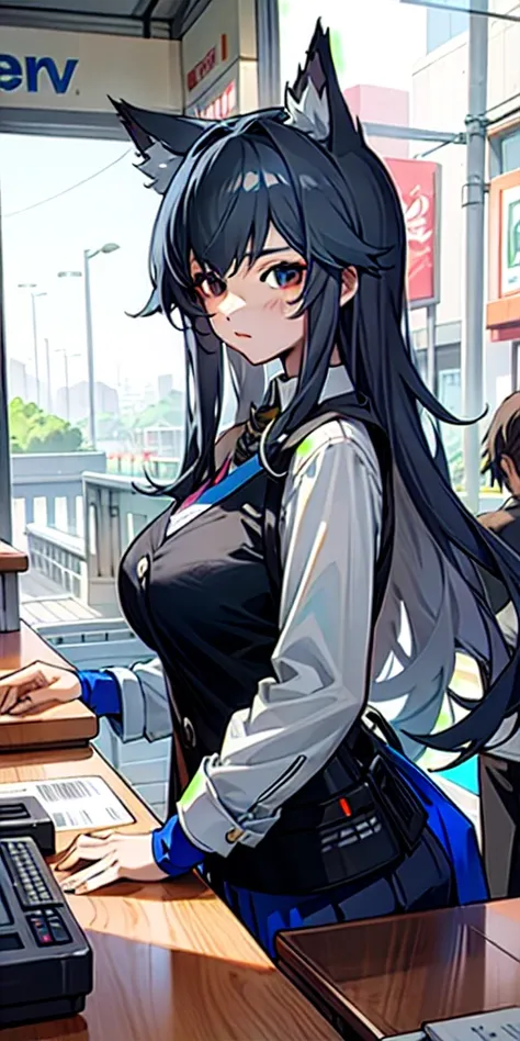 teenager in work uniform working as a cashier at a fast food stand behind the counter watching viewer, with huge tits, anime style