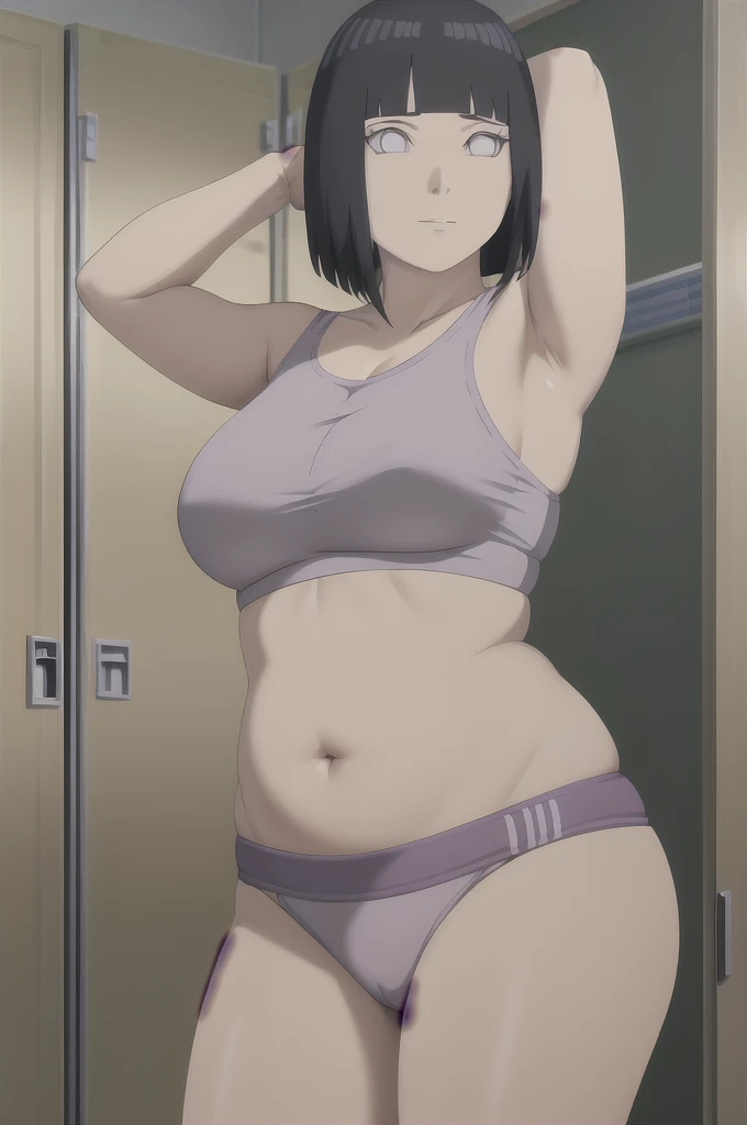 masterpiece, absurdres , (intricate details), (colorful),cinematic lighting,bust shot,extremely detailed CG unity 8k wallpaper ,hinata(boruto), 1girl, solo,mature female, arm up, looking at viewer, sports bra, locker room,cowboy shot, chubby belly, chubby,...