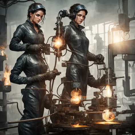 Incredible modern art portrait of female metal welder at work machine, humid and sultry atmosphere, hot hourglass figure in a wet leather mini outfit, stunning beauty of  brilliant art by  magali villeneuve, eve ventrue, anna dittmann, mandy disher, tom ba...