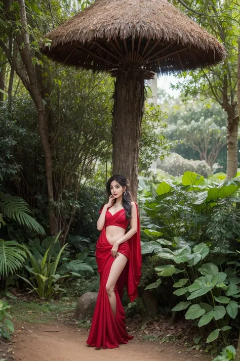 a woman in a red sari posing in front of a mushroom forest, highly detailed shot of a goddess, hyperrealistic fantasy art, highly detailed woman, fantasy woman, Indian goddess, realistic fantasy artwork, mother nature full nude shot, goddess. very high det...