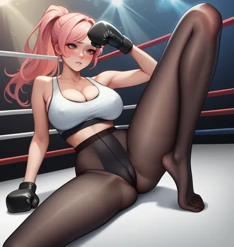 Korean beauty，18 years old,Pretty Face，Good shape，detailed picture, Shy expression， blush，White high ponytail, Wear sexy sports bra, Wear black pantyhose, Wearing black boxing gloves，No shoes, Kicking alone in the boxing ring，Large Breasts,Cleavage,Long le...