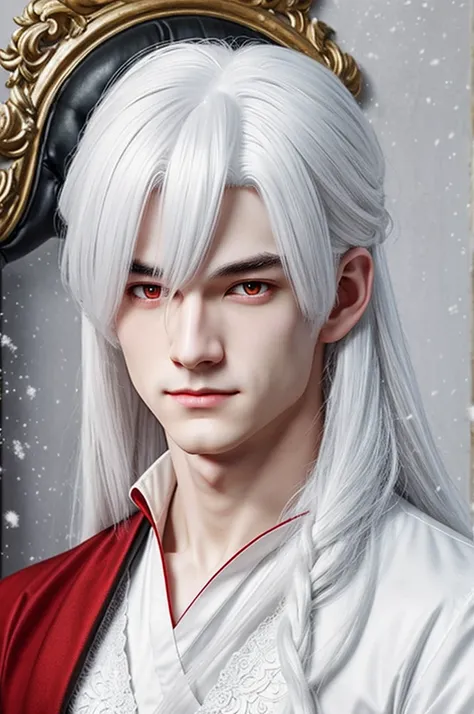 Zen of mystic messenger, with white hair and snow-white skin, red eyes and with extraordinary beauty like rococo painting 