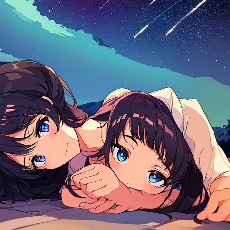 Girl laying on the ground looking up at the night sky beautiful sky, galaxies, anime style