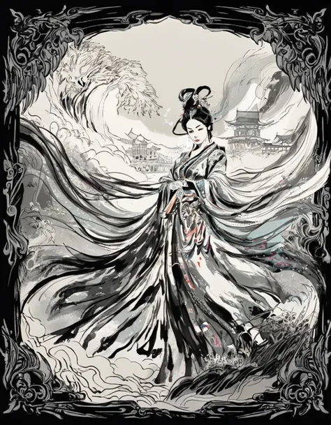 Concept art ink painting《A female warrior in a Chinese opera dressed in Hanfu》 . Opera roles, Female Warrior, and strong performance . monochrome, loose, body fluid, Expressive, Beautifully,rich and colorful . Digital Artwork, 说明Sexual, Sexual, Painted lan...