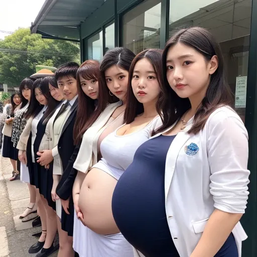 very very big pregnant midriff school blazer woman,belly button, classroom,(group photo,20 people)