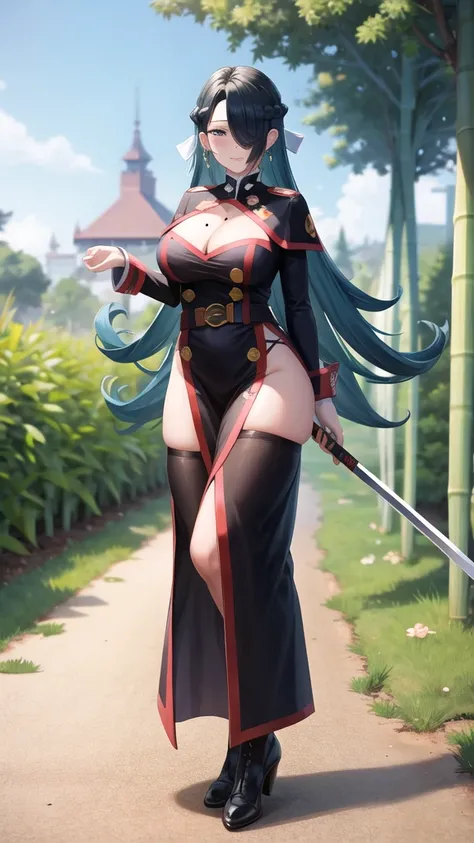 1girl, azumafubukilora, bamboo, bamboo_forest, bangs, black_hair, blue_eyes, blush, bra, braid, branch, breasts, cleavage, drawing_sword, earrings, hair_over_one_eye, jewelry, katana, large_breasts, leaf, long_hair, long_sleeves, looking_at_viewer, mole, m...